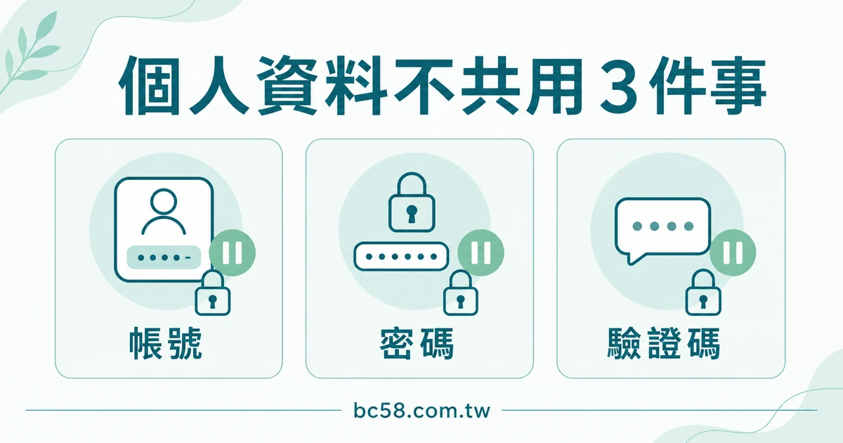 個人資料不共用三件事的淺色資訊圖,包含帳號、密碼與驗證碼。