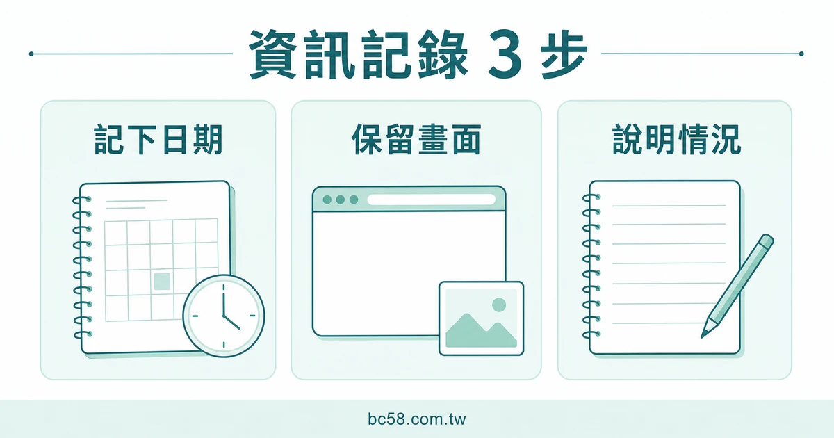 資訊記錄三步的淺色資訊圖，包含記下日期、保留畫面與說明情況。