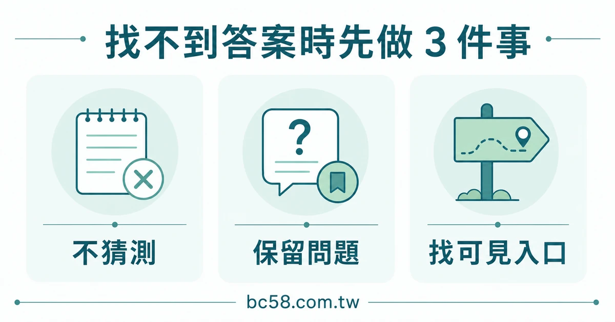 找不到答案時先做三件事的淺色資訊圖，包含不猜測、保留問題與找可見入口。