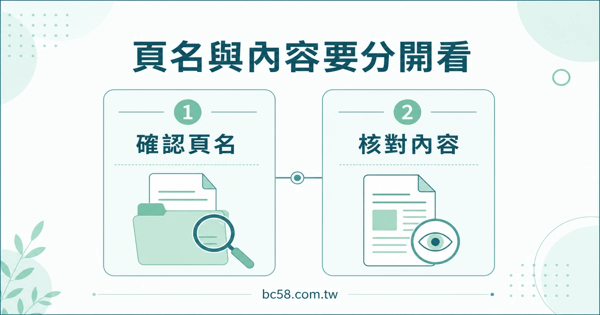 頁名與內容要分開看的淺色資訊圖，提示確認頁名與核對內容。