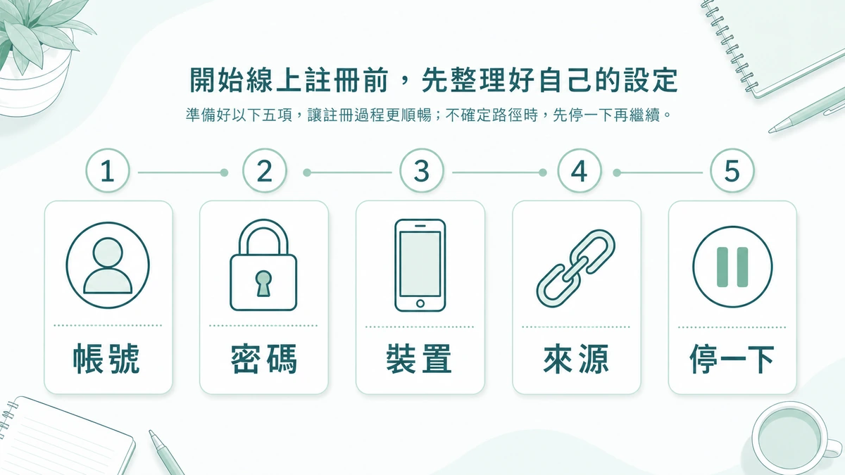 帳號、密碼、裝置、來源與暫停確認的五項填寫前檢查圖