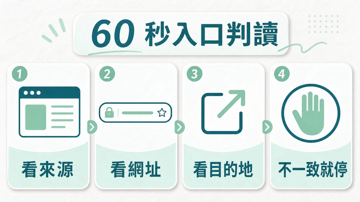 四步入口判讀卡，查看來源、網址與目的地，不一致時停止