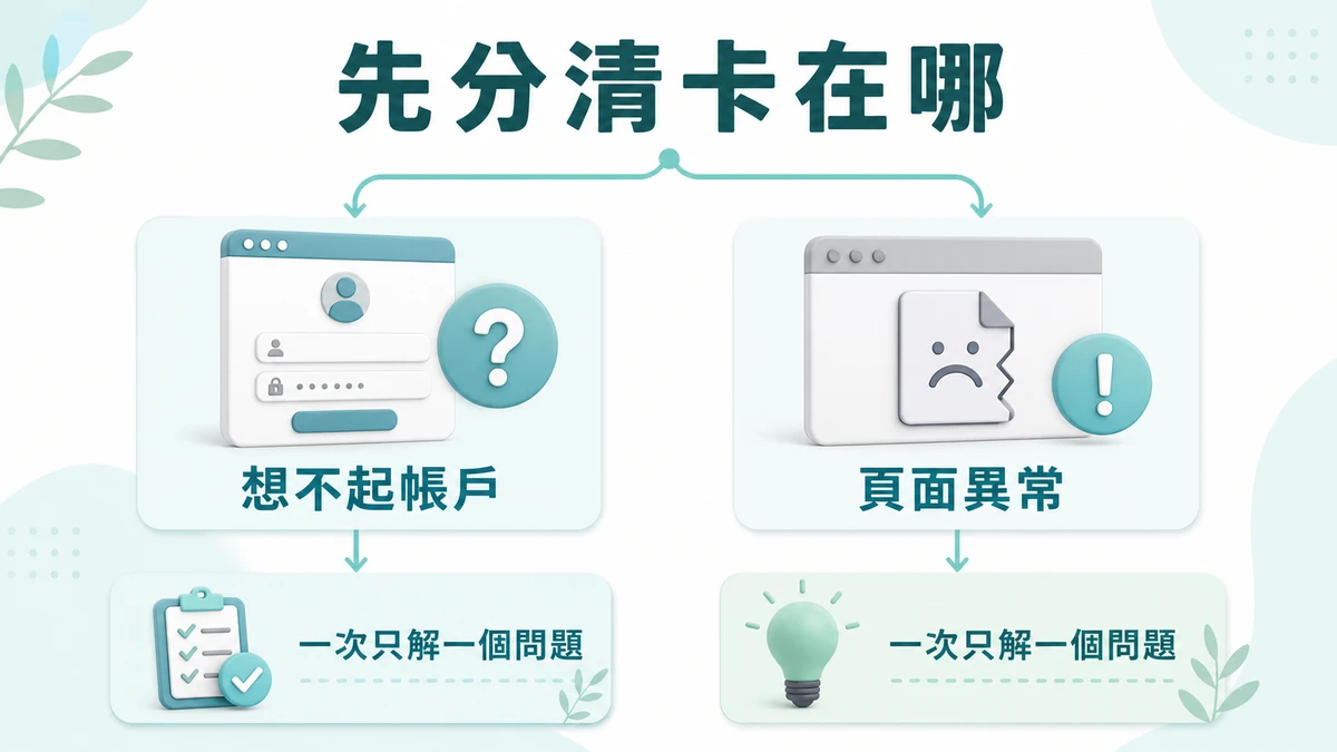 在「頁面異常」與「忘記會員帳戶」之間先做分流的 16:9 資訊圖。
