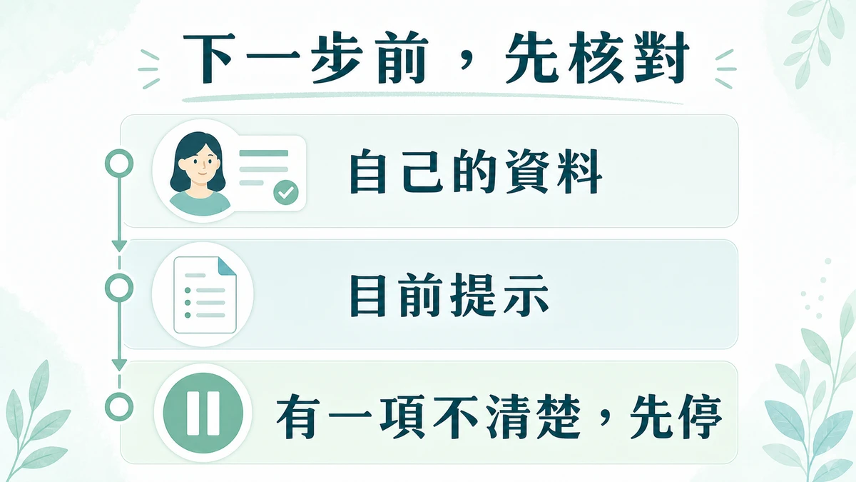 先確認資料是否一致，再決定是否進入下一個儲值欄位的 16:9 資訊圖。