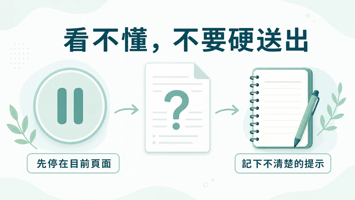 選擇前先確認來源、資料與當下提示;不確定就停下的 16:9 資訊圖。